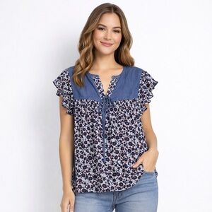 Rebecca Malone Floral Boho Peasant Blouse Tie Front Ruffle Sleeve Large